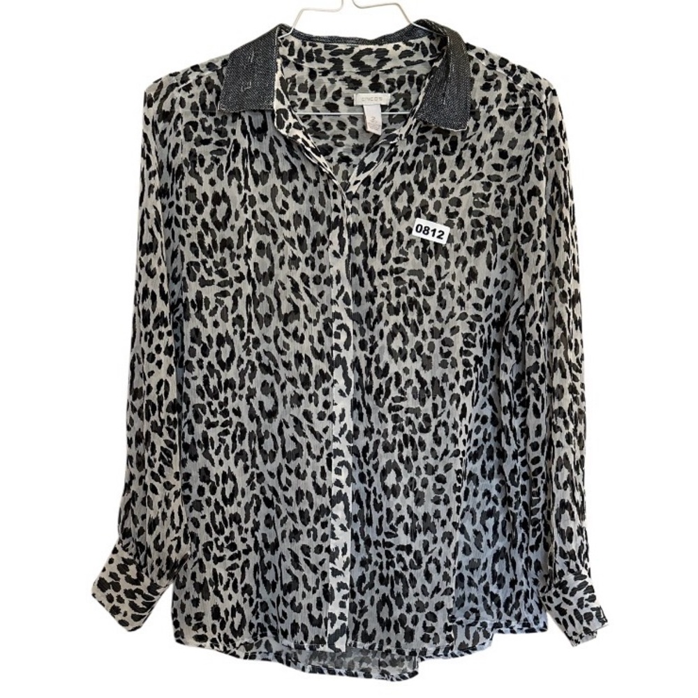 Chico's Black and White Leopard Print Button-Down Shirt Women’s L Sequin Collard